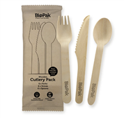 16Cm Knife Fork Spoon And Napkin Set 100 Pack Wood