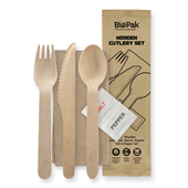 BioPak 16cm Wood Knife Fork Spoon Napkin Salt  Pepper set Sleeve 100 Sold as Sleeve 100 4 in a Carton