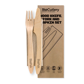 BioPak 19cm Coated Wood Knife Fork  Napkin Set Sleeve 100 Sold as Sleeve 100 4 in a Carton